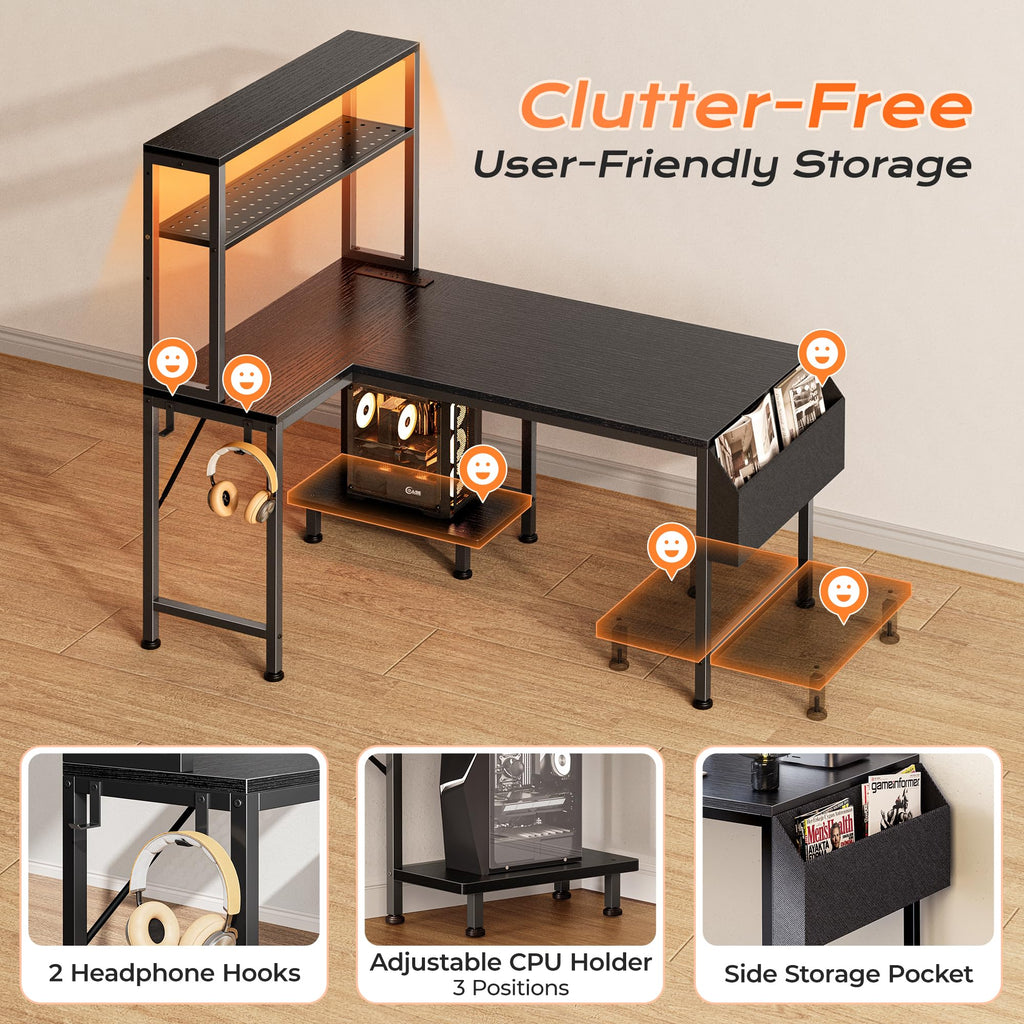 L Shaped Gaming Desk with LED Lights & Power Outlets F683289