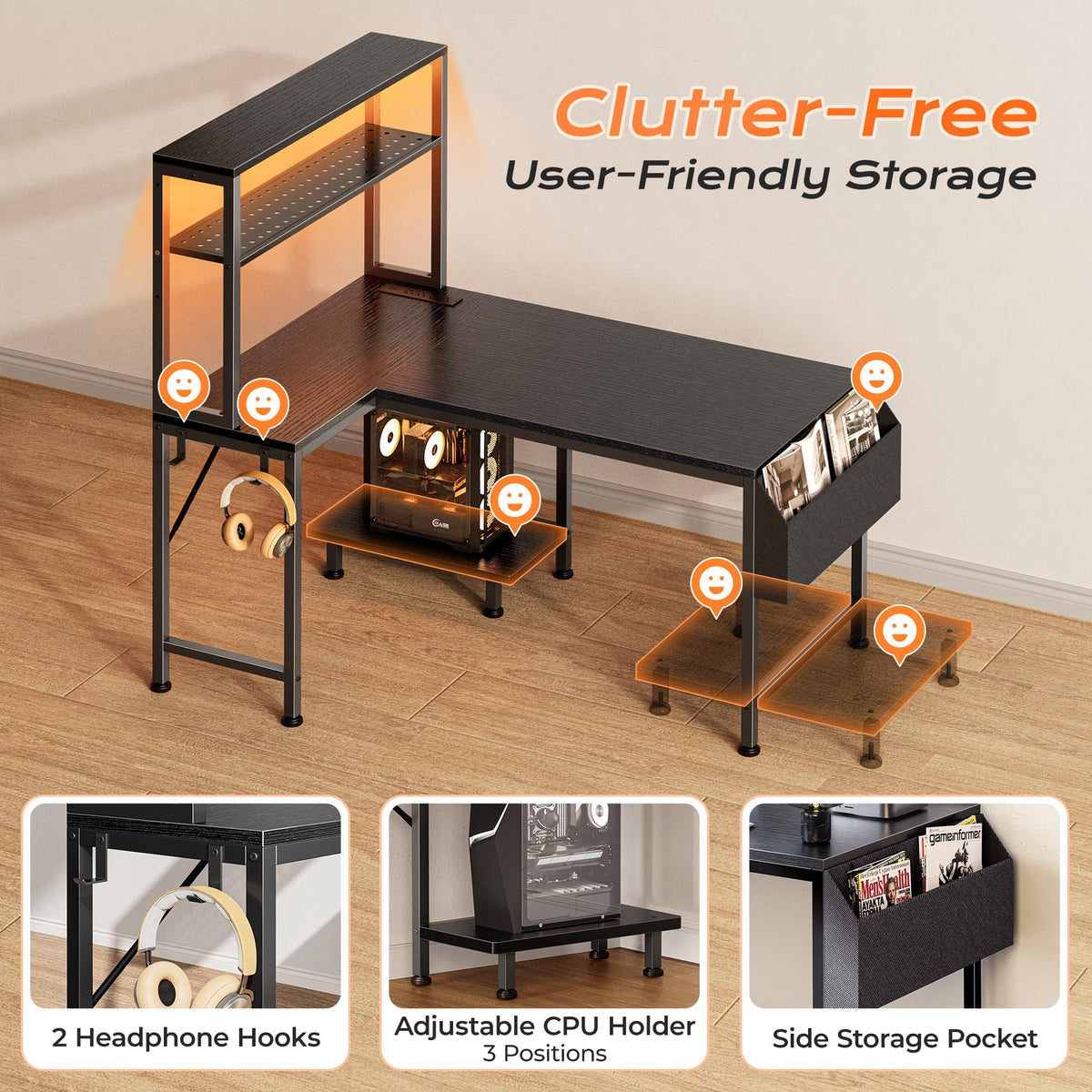 L Shaped Gaming Desk with LED Lights & Power Outlets F683289