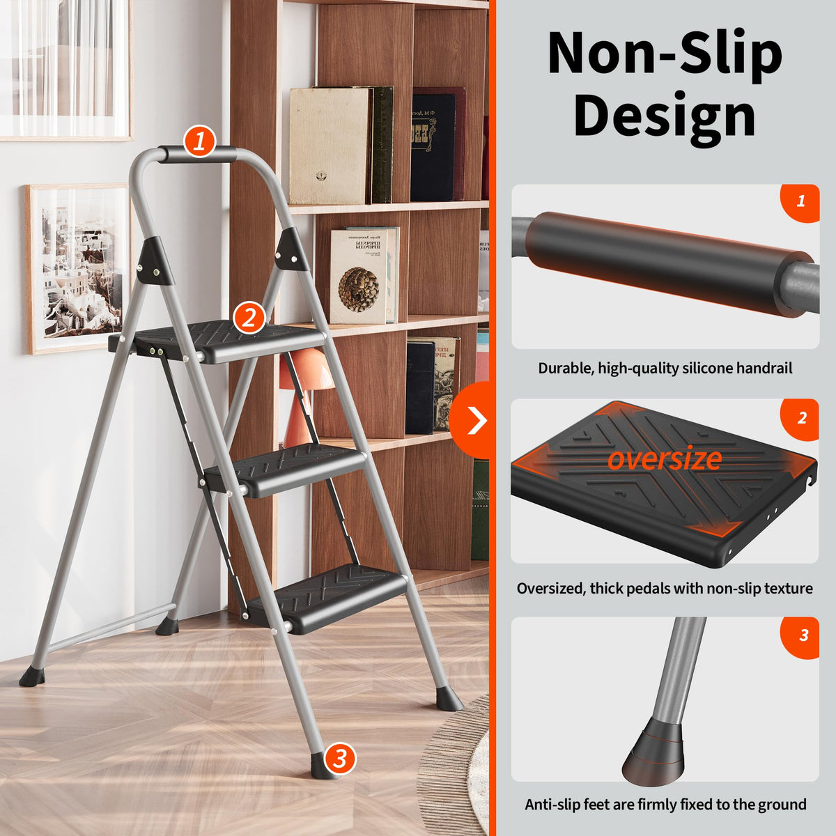 3-Step Folding Step Stool with Anti-Slip Wide Pedal L693135