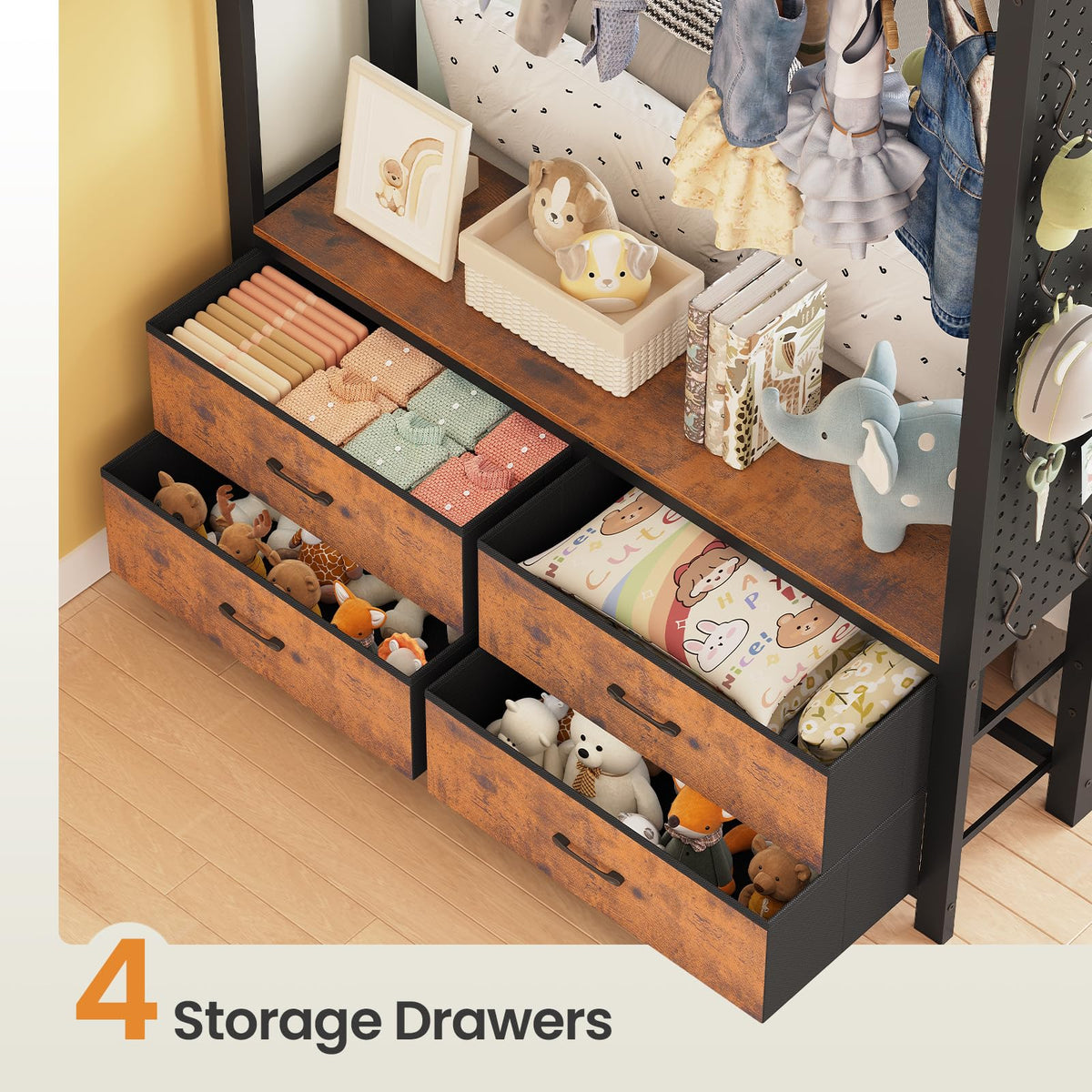 Twin Over Twin Metal Bunk Bed with Hall Tree and 4 Storage Drawers N4562