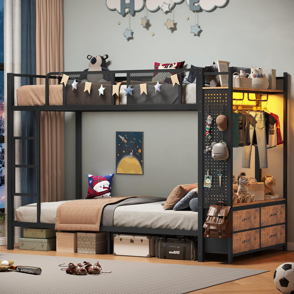 Twin Over Twin Metal Bunk Bed with Hall Tree and 4 Storage Drawers N4562