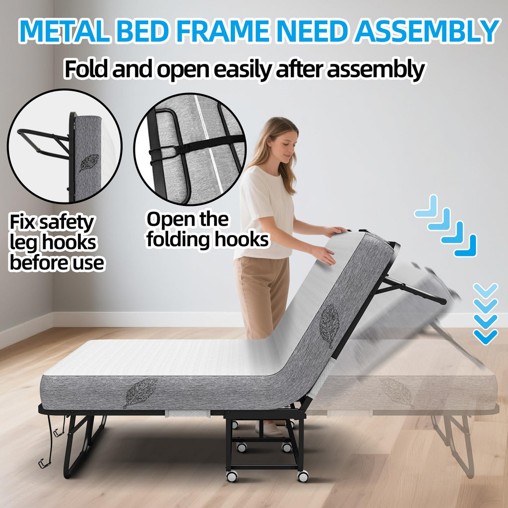Folding Bed with Mattress Full Size 75 X 54 inch Memory Foam on Wheels H98534