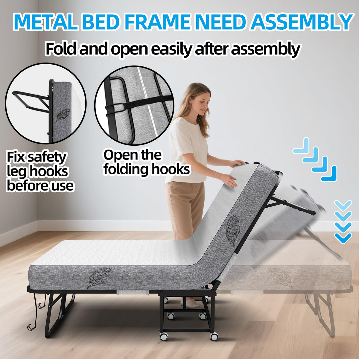 Folding Bed with Mattress Full Size 75 X 54 inch Memory Foam on Wheels H98534