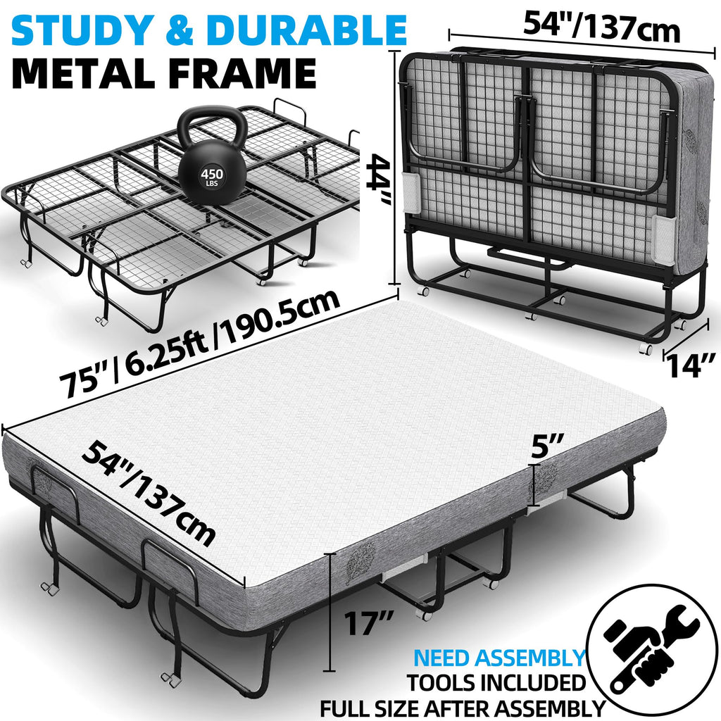 Folding Bed with Mattress Full Size 75 X 54 inch Memory Foam on Wheels H98534
