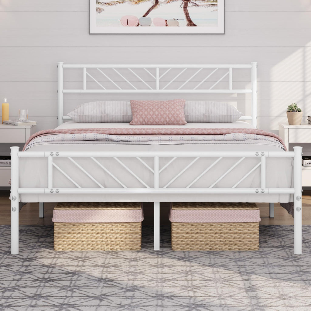 White Full Metal Platform Bed Frame with Arrow Design Headboard J562852