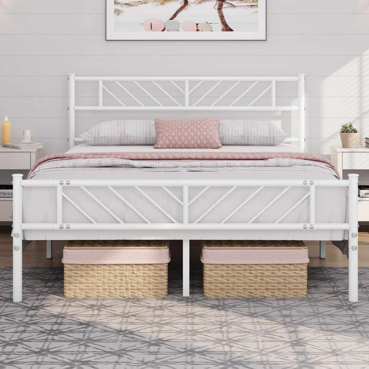 White Full Metal Platform Bed Frame with Arrow Design Headboard J562852