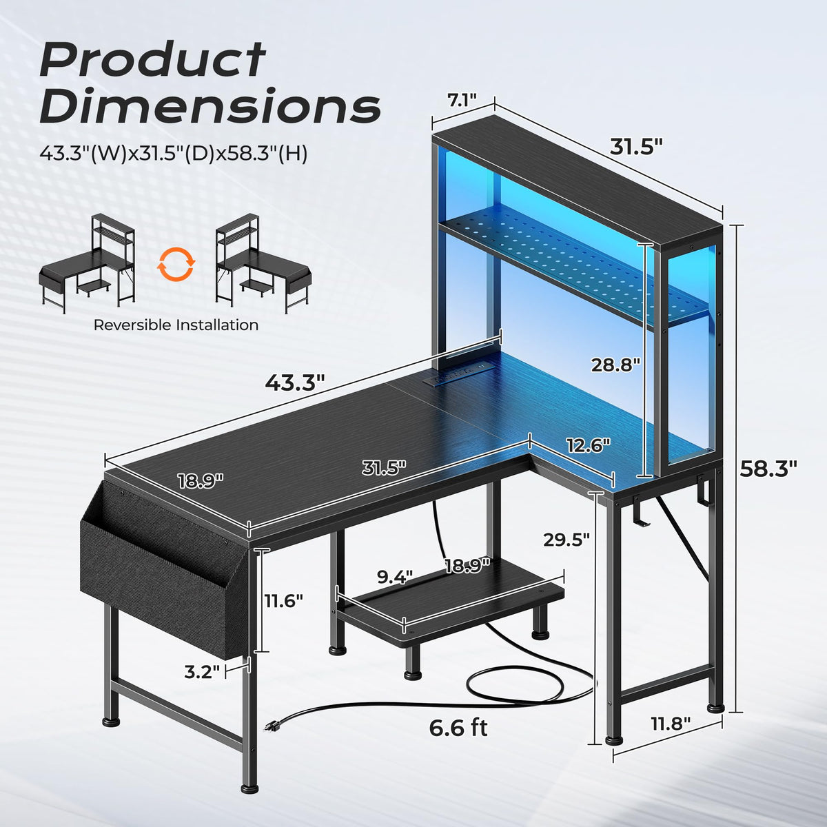 L Shaped Gaming Desk with LED Lights & Power Outlets F683289