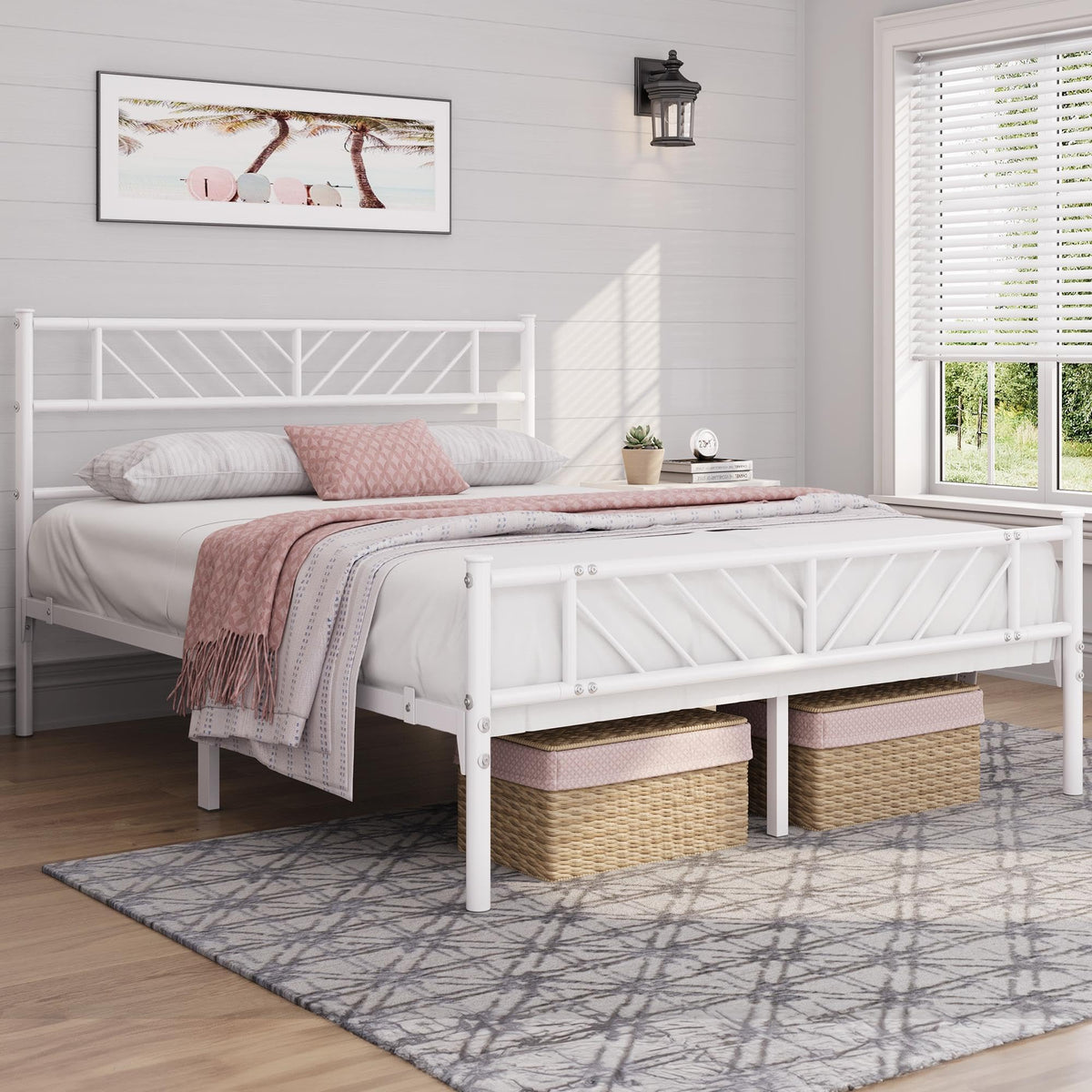 White Full Metal Platform Bed Frame with Arrow Design Headboard J562852