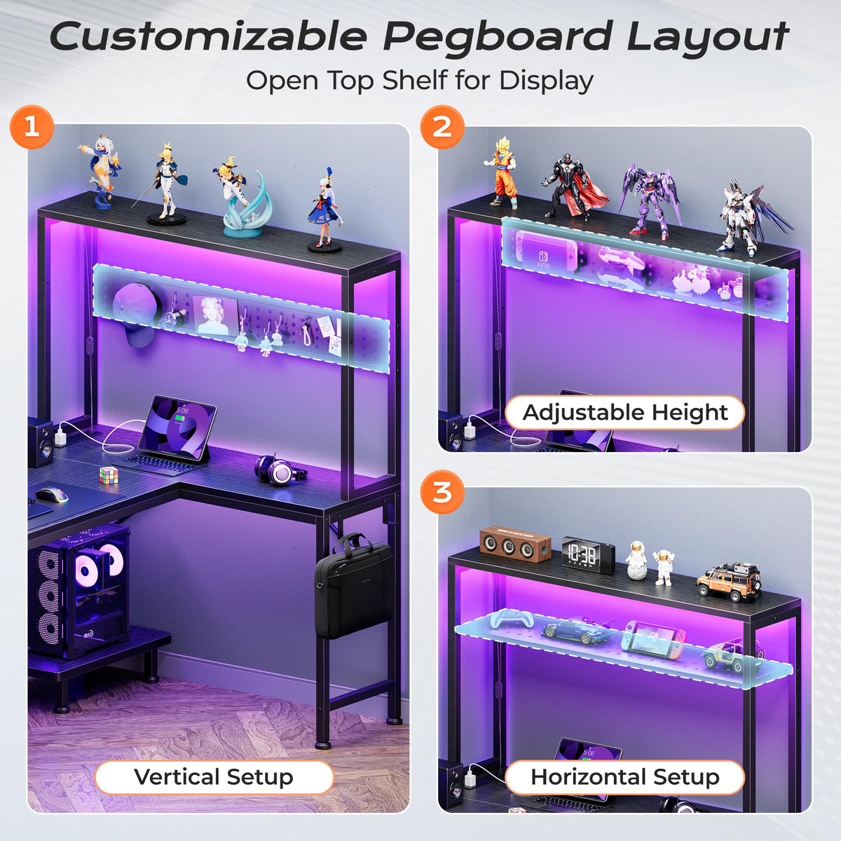 L Shaped Gaming Desk with LED Lights & Power Outlets F683289