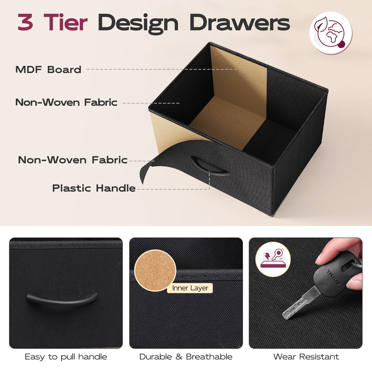 Black 6 Drawer Fabric Dresser F87068