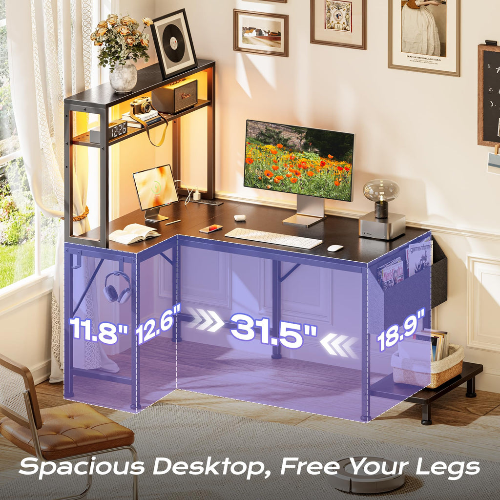 L Shaped Gaming Desk with LED Lights & Power Outlets F683289