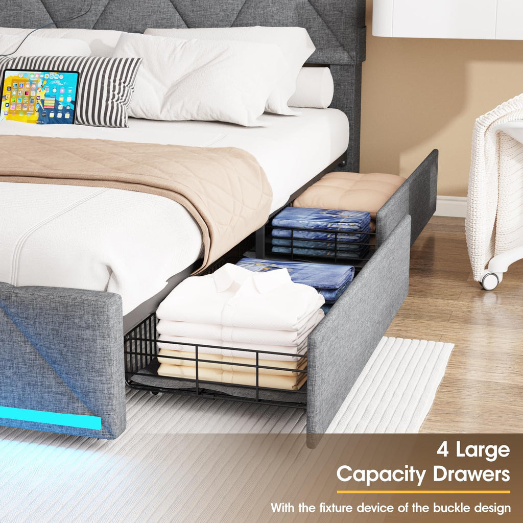 Full Size Upholstered Platform Bed Frame with Storage Headboard and 4 Drawers X91004