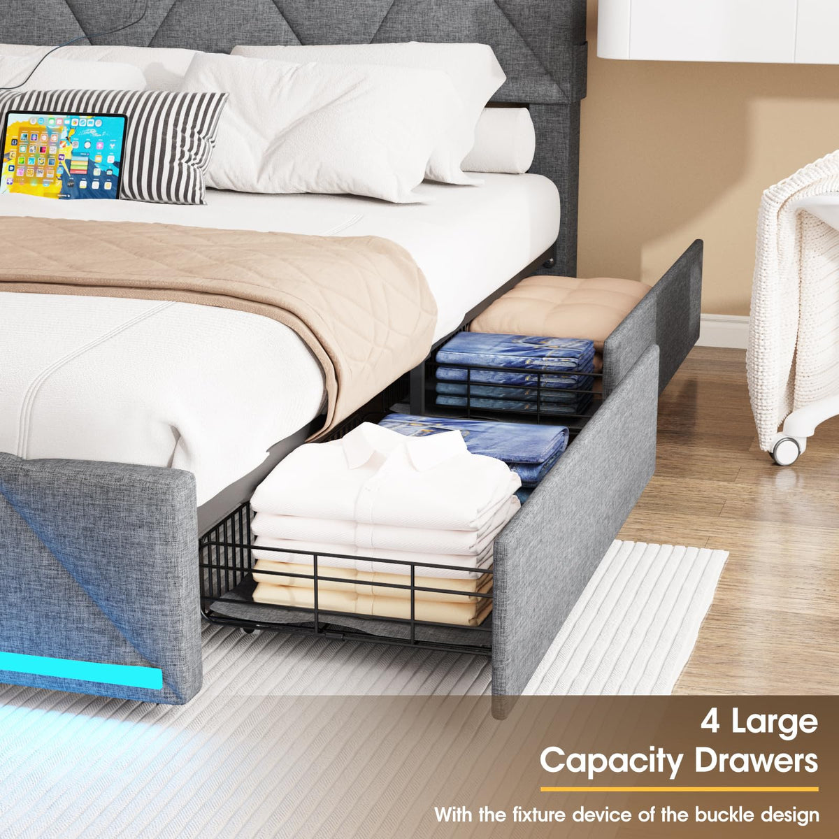 Full Size Upholstered Platform Bed Frame with Storage Headboard and 4 Drawers X91004