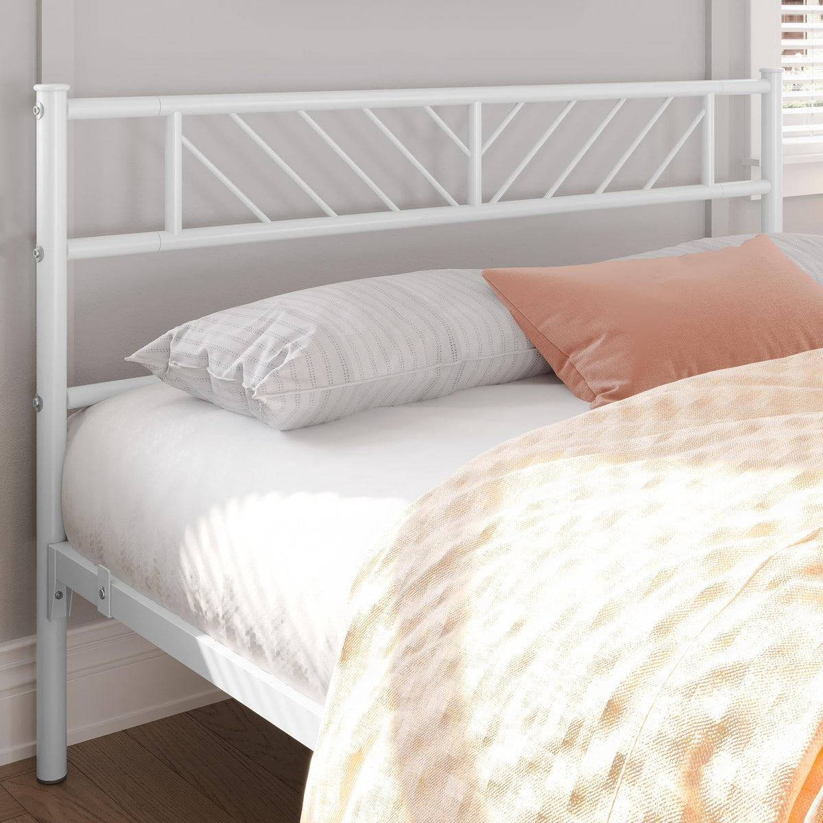 White Full Metal Platform Bed Frame with Arrow Design Headboard J562852