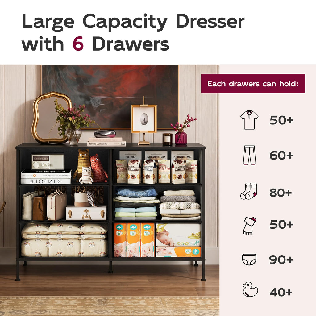 Black 6 Drawer Fabric Dresser F87068
