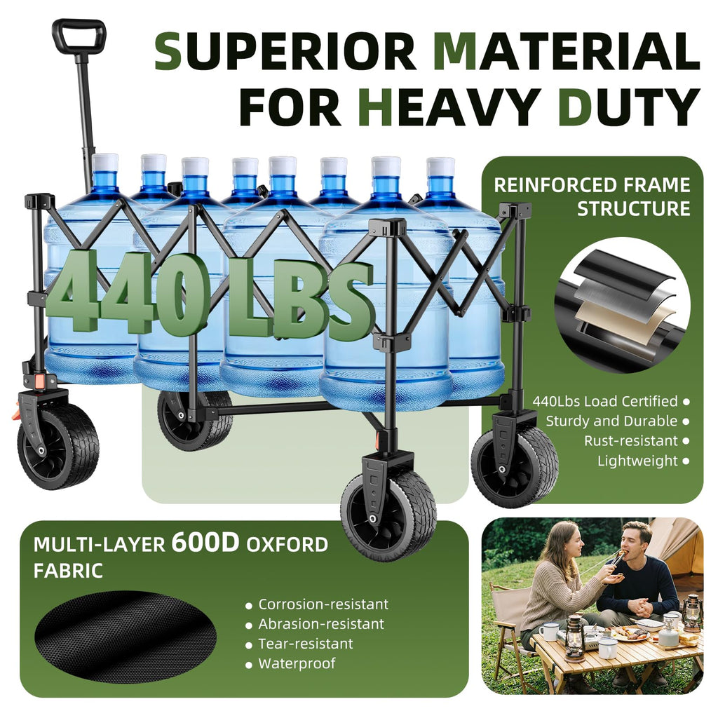 38" Collapsible Extended Wagon, 440lbs Capacity, 220L Heavy Duty Folding Cart, Black K9207