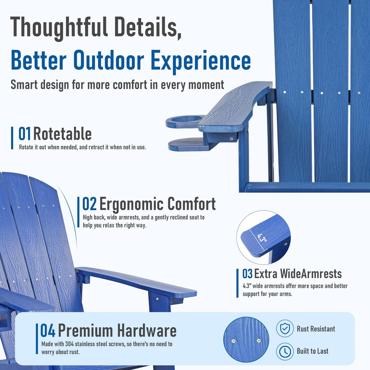 Blue HDPE Adirondack Chair with Cup Holders W540