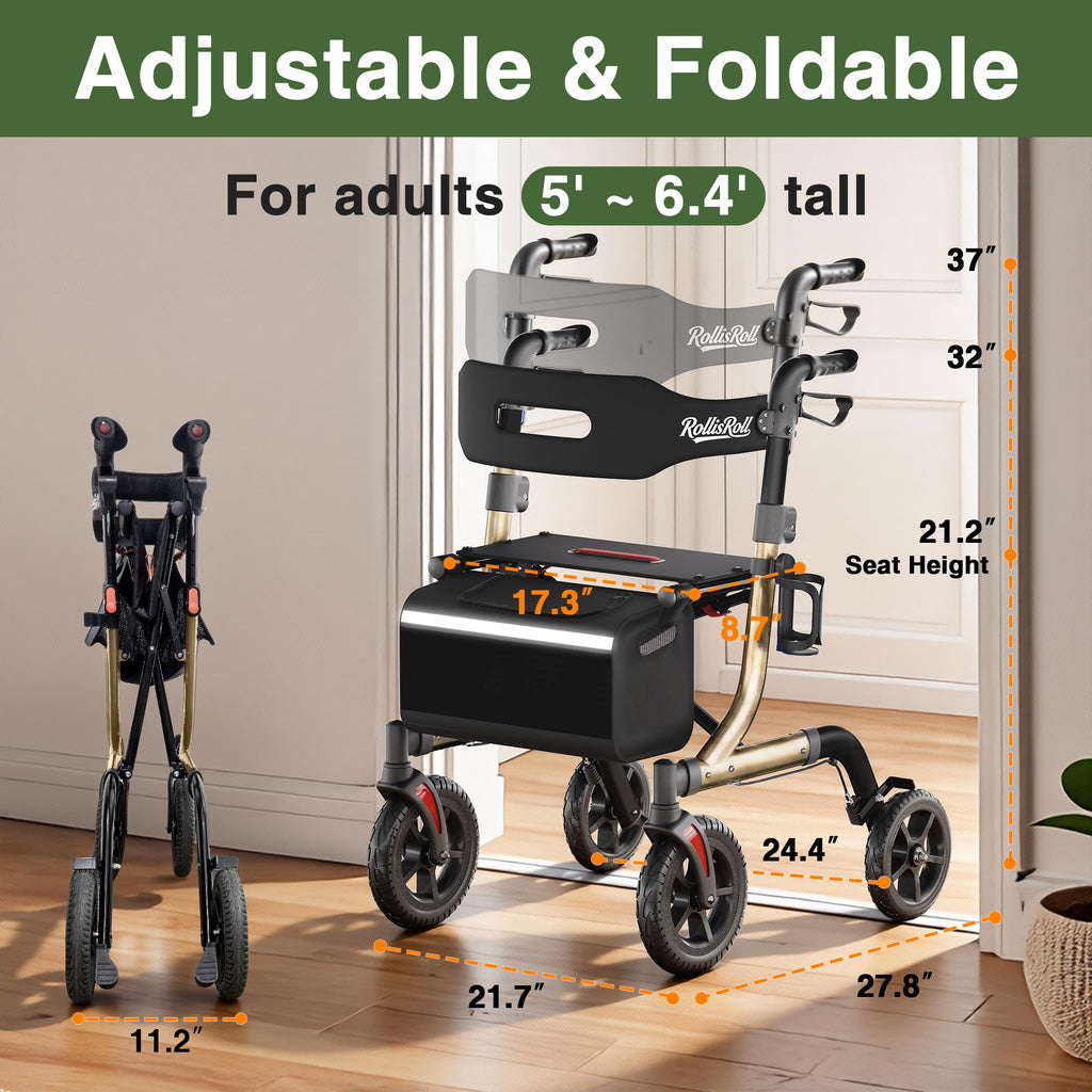 Foldable Aluminum Rollator Walker with Seat and 10" Wheels R4505