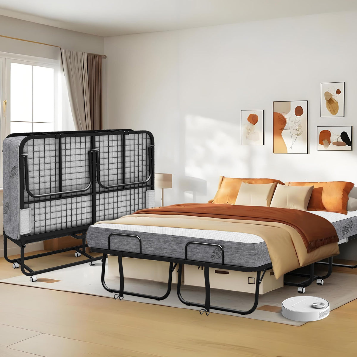 Folding Bed with Mattress Full Size 75 X 54 inch Memory Foam on Wheels H98534