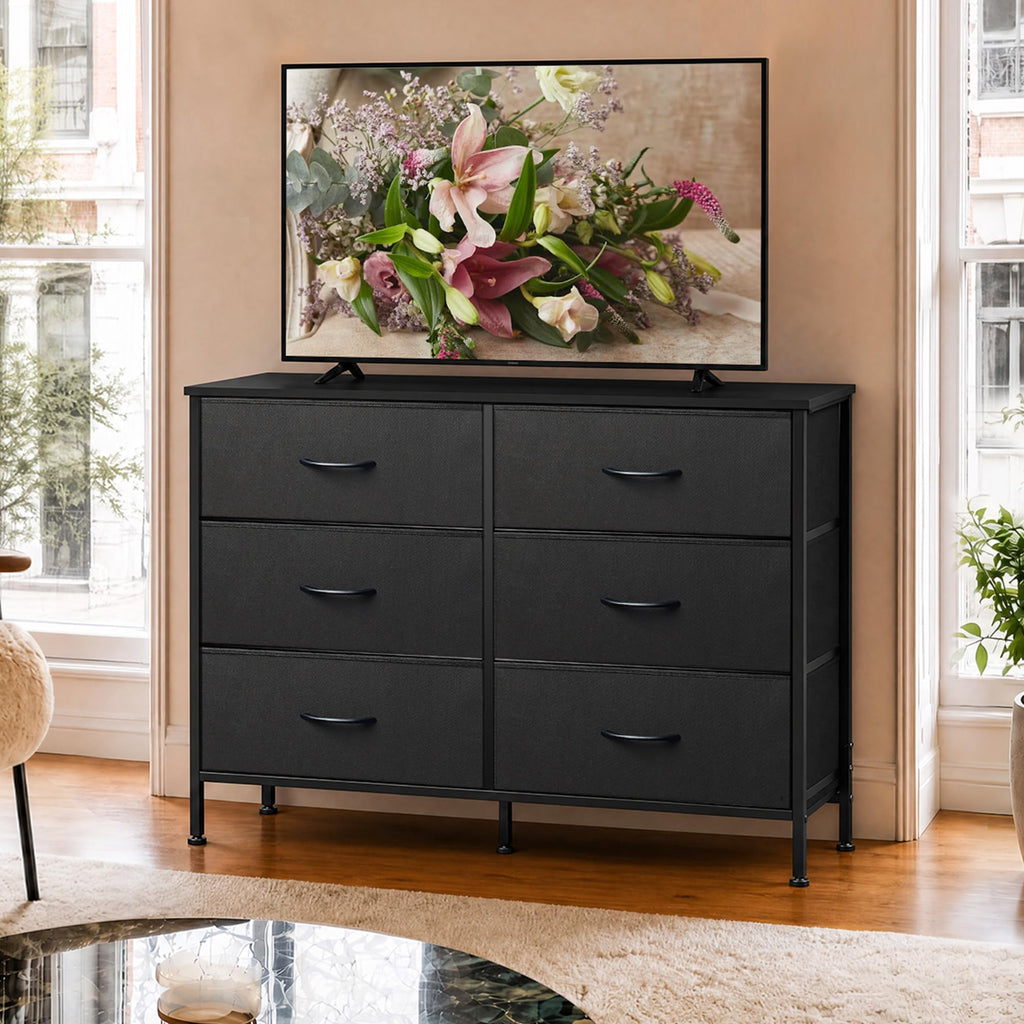 Black 6 Drawer Fabric Dresser F87068
