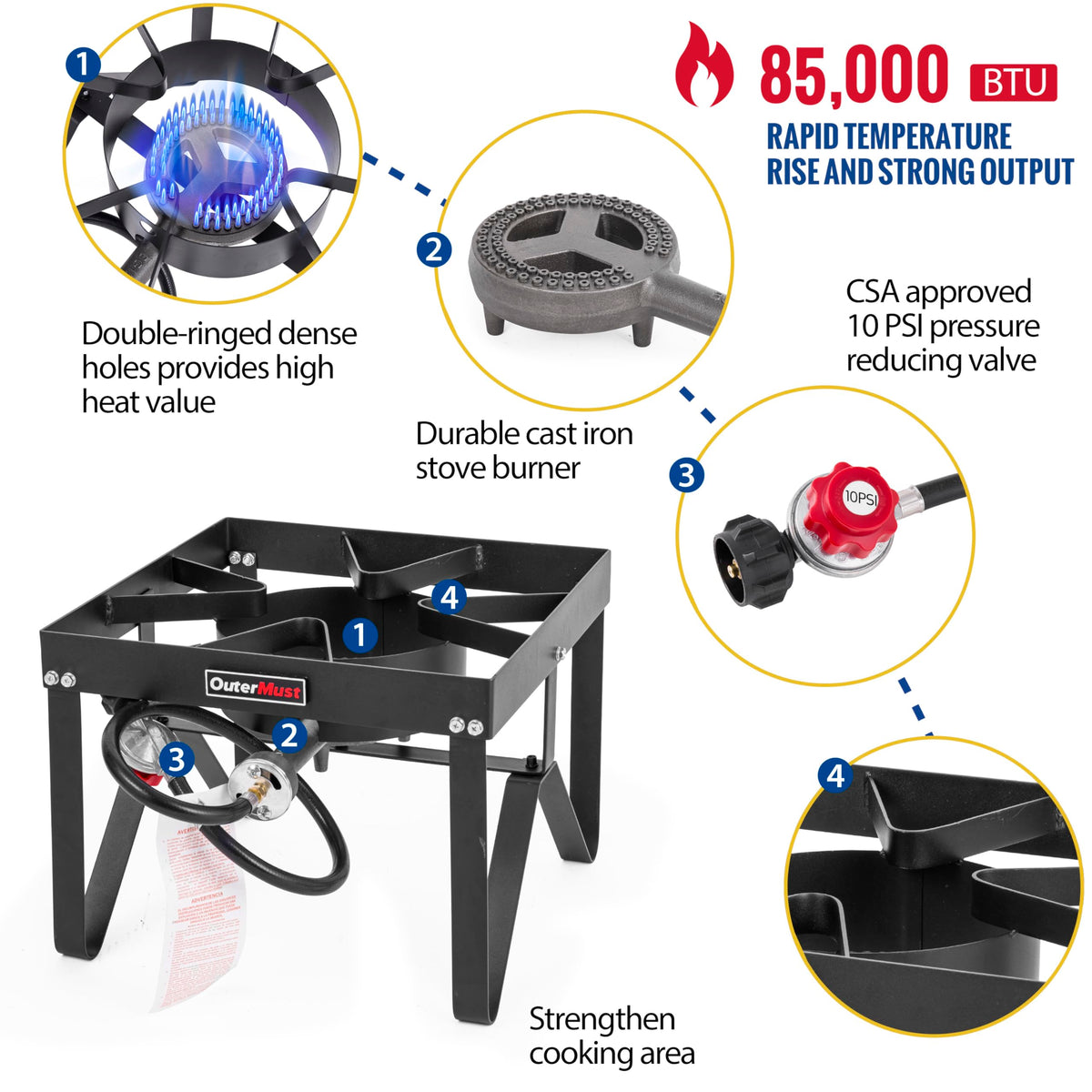 Heavy Duty Propane Burner with 10 PSI Regulator and Cast Iron H6614