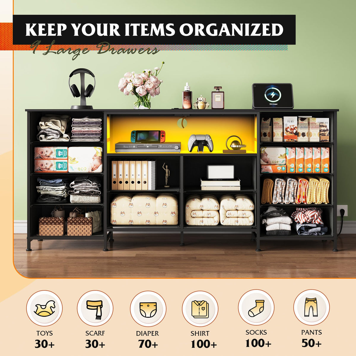 Black 12 Drawer LED Dresser TV Stand C695050