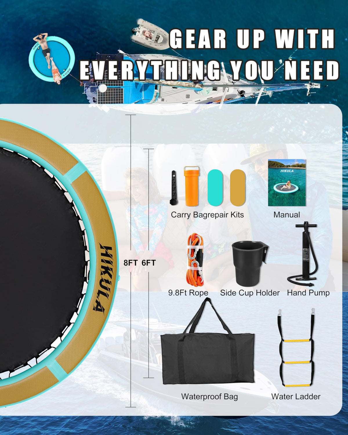 Inflatable Round Floating Ring Water Hammock Dock with Water Ladder and Cup Holder F565