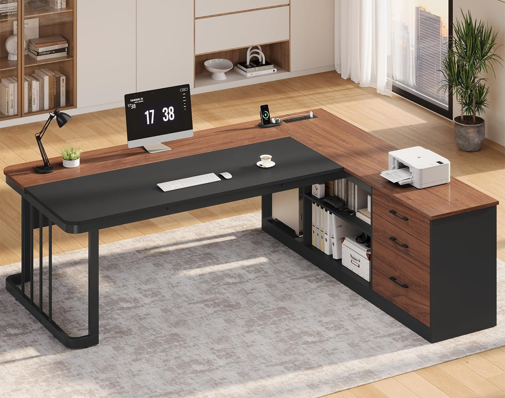 71" L Shaped Computer Desk with Drawers and Power Outlets S67293