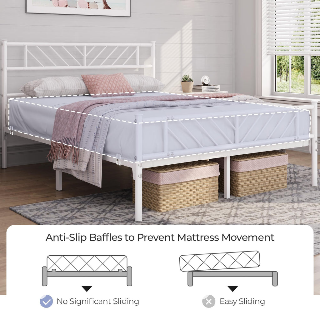 White Full Metal Platform Bed Frame with Arrow Design Headboard J562852