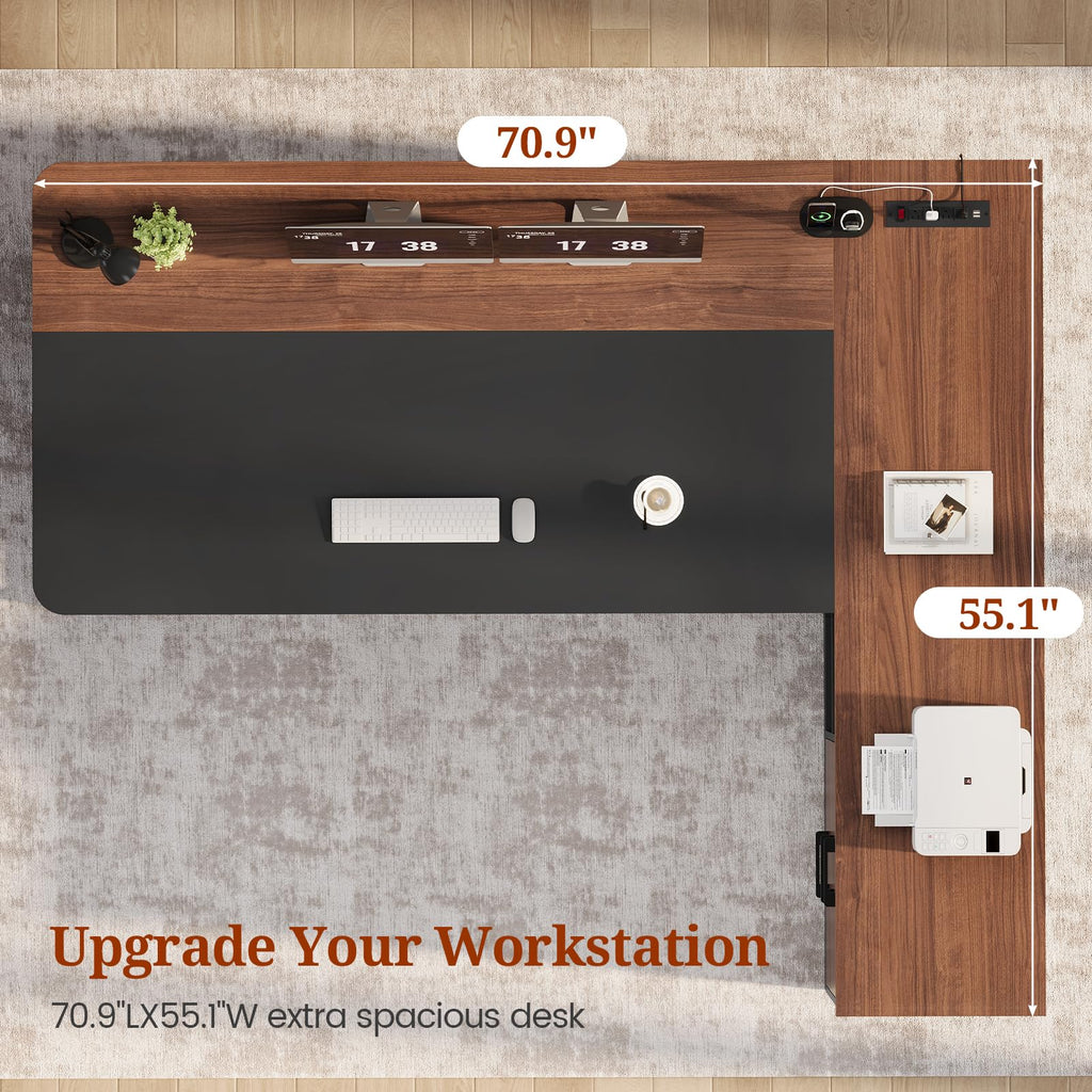 71" L Shaped Computer Desk with Drawers and Power Outlets S67293