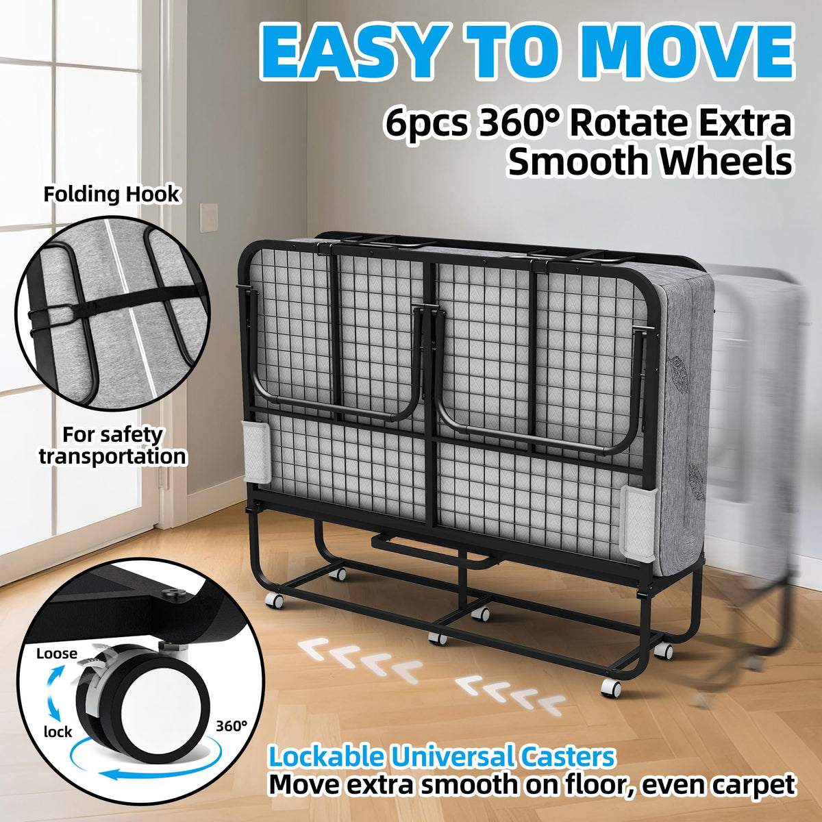 Folding Bed with Mattress Full Size 75 X 54 inch Memory Foam on Wheels H98534