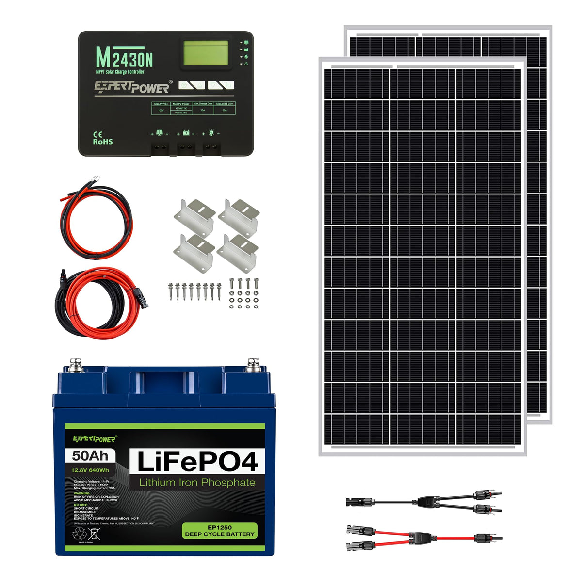 200W 12V Solar Panel Kit with 50Ah LiFePO4 Battery and 30A MPPT Charge Controller T197183