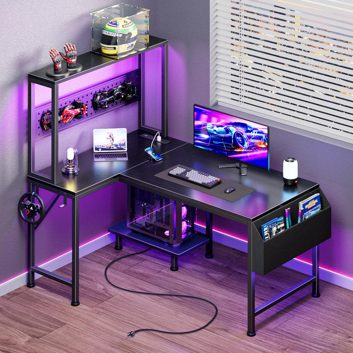 L Shaped Gaming Desk with LED Lights & Power Outlets F683289