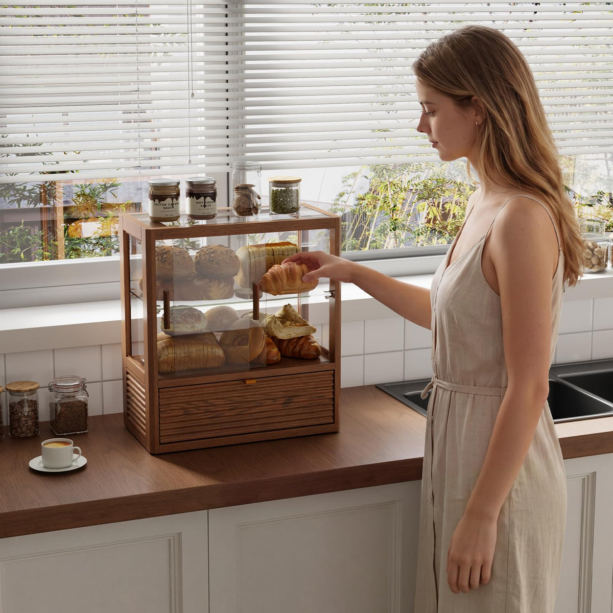 2-Tier Glass Door Wooden Bread Box D680237