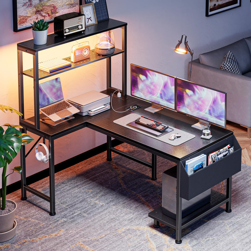 L Shaped Gaming Desk with LED Lights & Power Outlets F683289