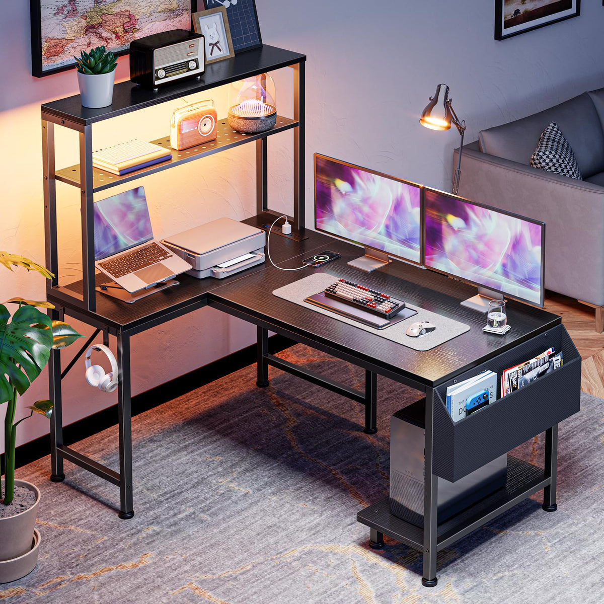 L Shaped Gaming Desk with LED Lights & Power Outlets F683289