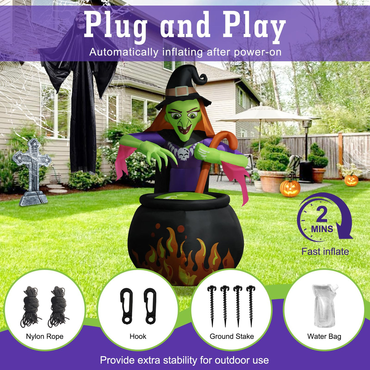 8Ft Tall Halloween Inflatable Witch Cauldron with 4 Led Lights E439
