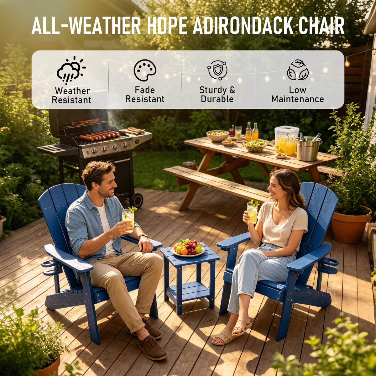 Blue HDPE Adirondack Chair with Cup Holders W540