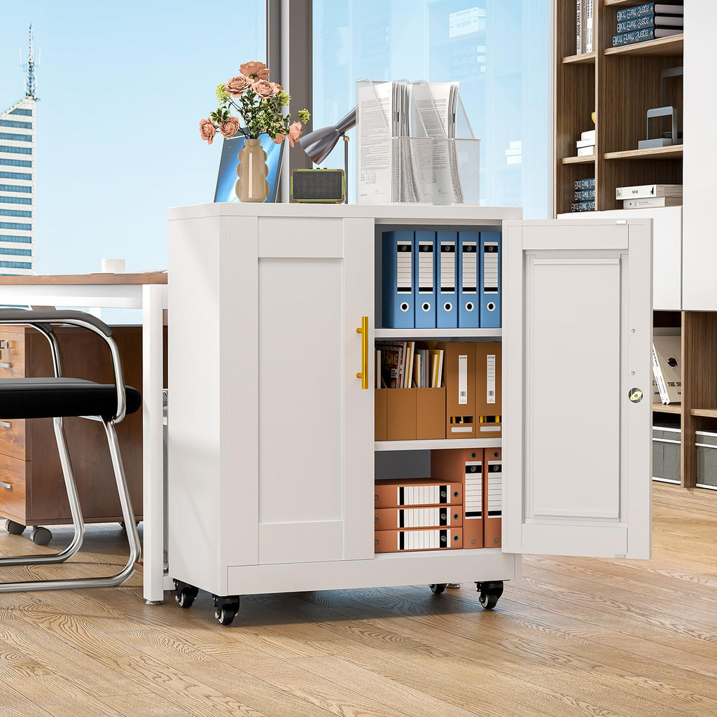 White Metal Storage Cabinet with Wheels H9773