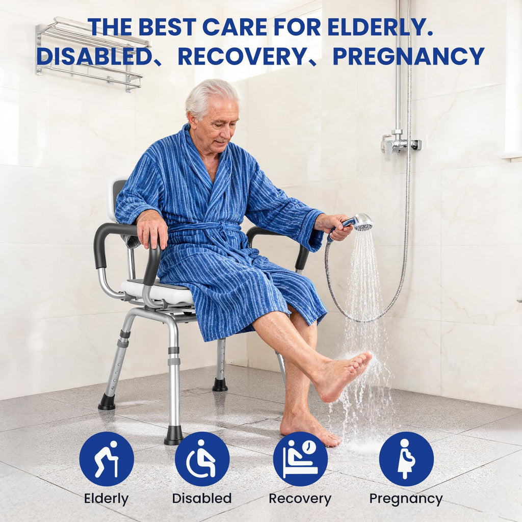Swivel Shower Chair with Arms & Back, 5-Level Height Adjustable, 300 lbs I111295