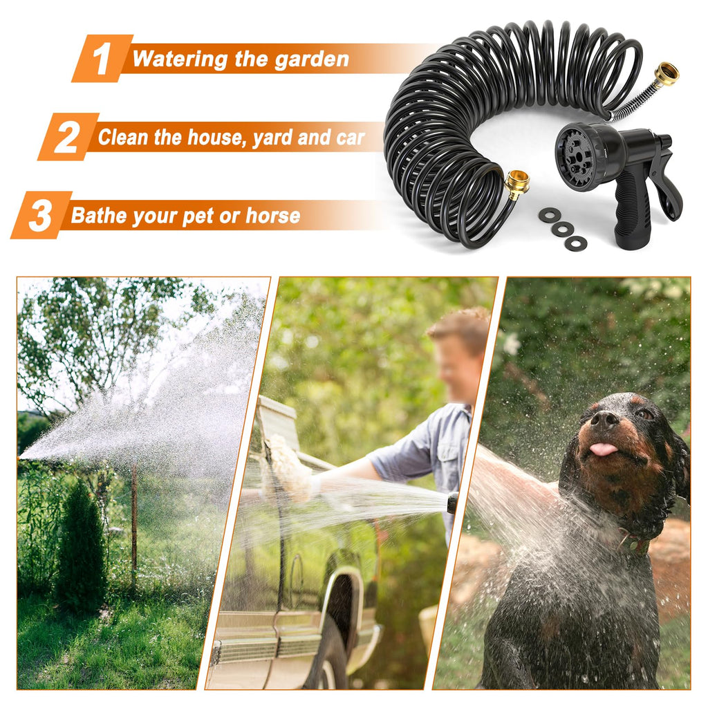 100FT x 3/8" Coil Expandable Garden Hose with 8 Patterns Spray Nozzle K757