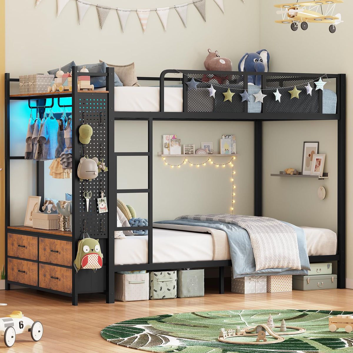 Twin Over Twin Metal Bunk Bed with Hall Tree and 4 Storage Drawers N4562