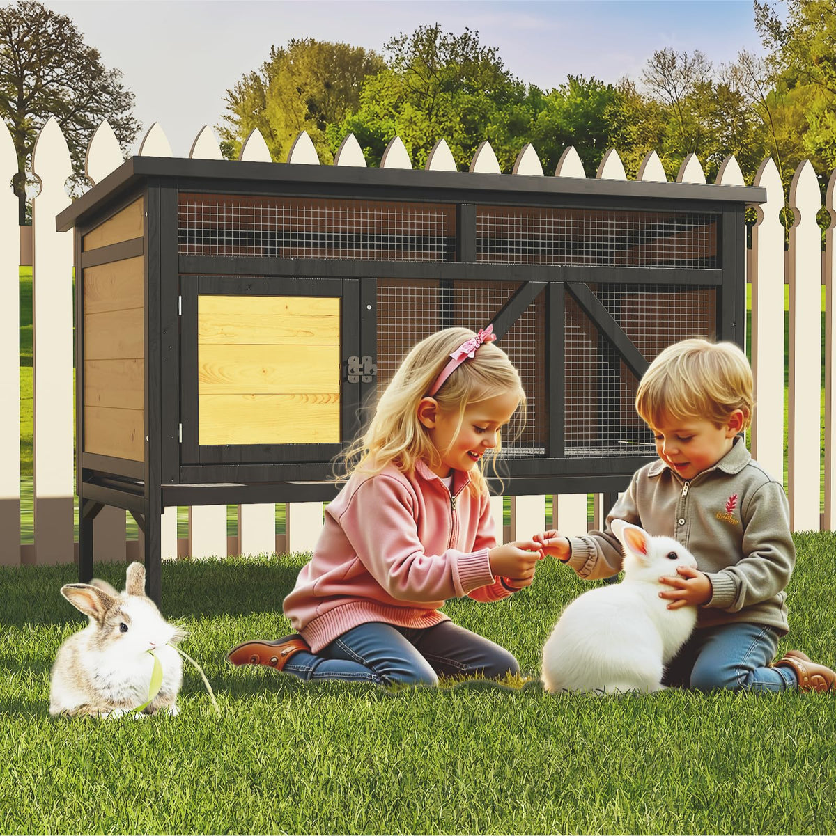 46.7" Wooden Rabbit Hutch with Removable Tray C193481