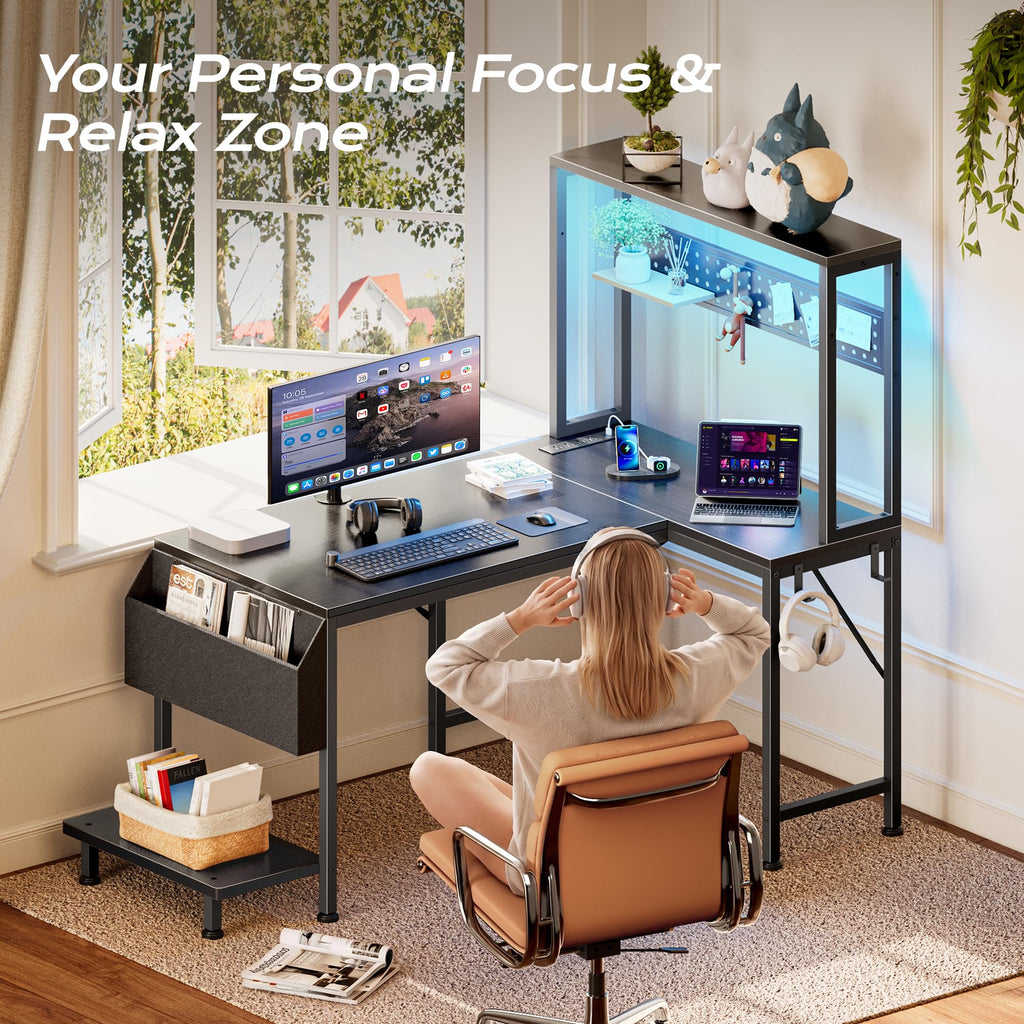 L Shaped Gaming Desk with LED Lights & Power Outlets F683289