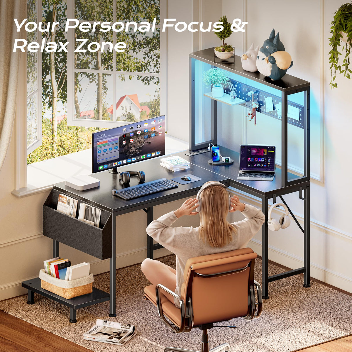 L Shaped Gaming Desk with LED Lights & Power Outlets F683289