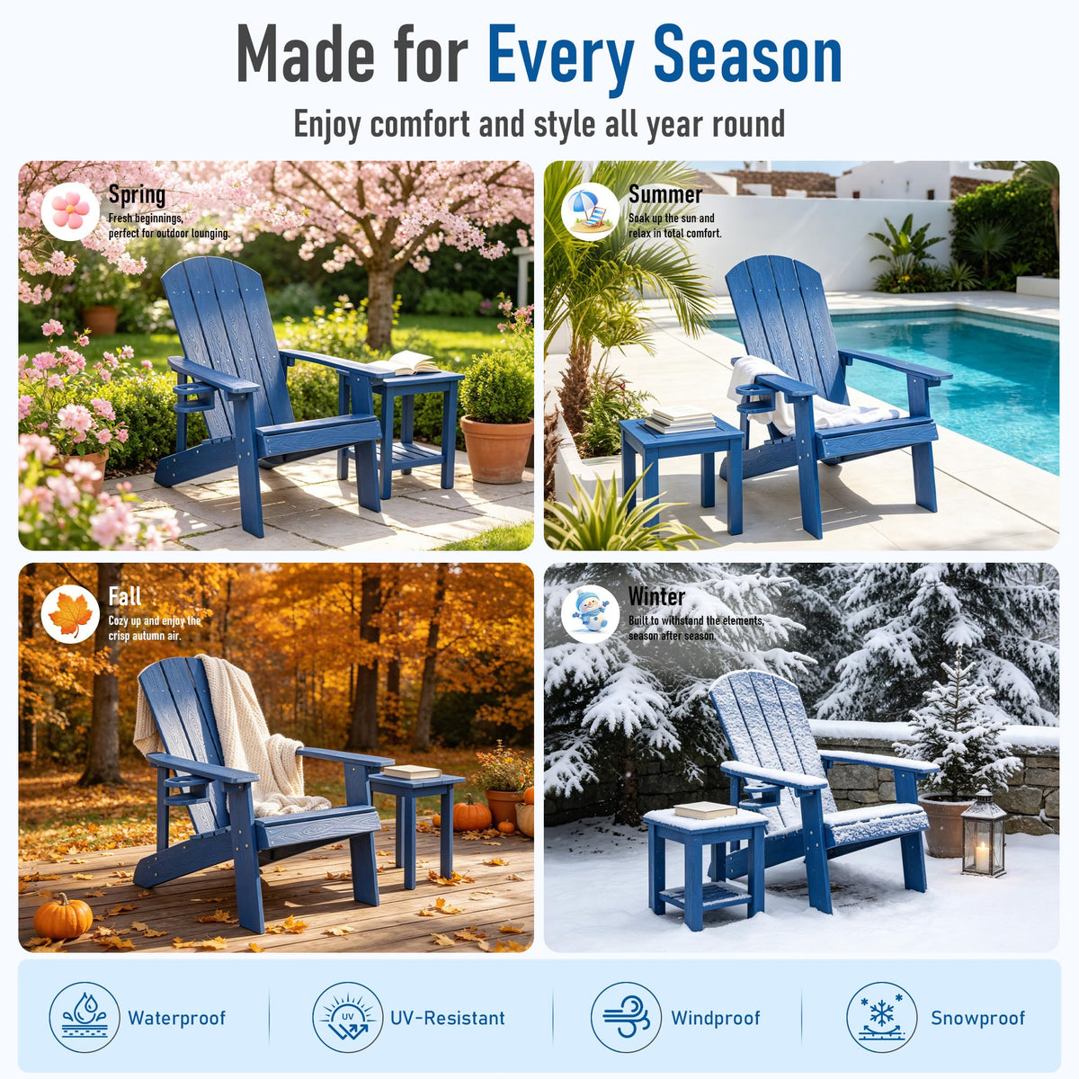 Blue HDPE Adirondack Chair with Cup Holders W540